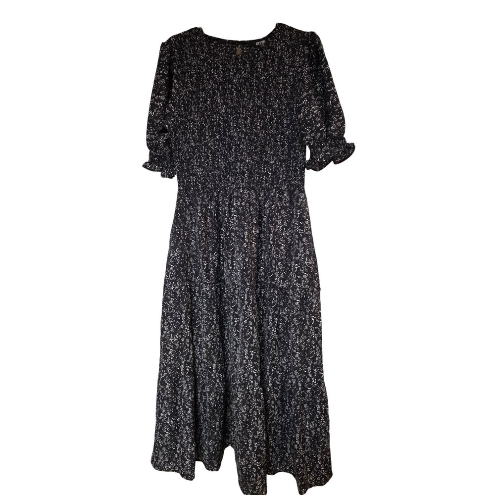 NWT BTFBM Women Black Floral Smocked Tiered Dress Short Puff Sleeve Pockets XL
